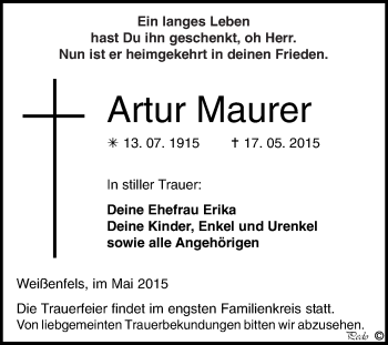 Traueranzeige von Artur Maurer von WVG - Wochenspiegel NMB / WSF / ZTZ
