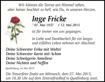Traueranzeige von Inge Fricke von WVG - Wochenspiegel Quedlinburg