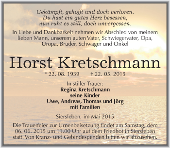 Traueranzeige von Horst Kretschmann von Mitteldeutsche Zeitung Mansfelder Land