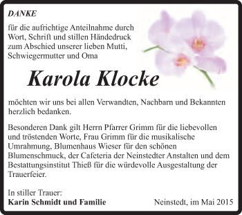 Traueranzeige von Karola Klocke von Super Sonntag Quedlinburg
