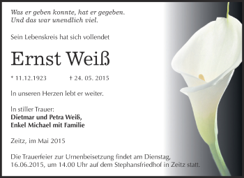 Traueranzeige von Ernst Weiß von Super Sonntag Zeitz