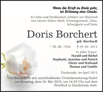 Traueranzeige von Doris Borchert von WVG - Wochenspiegel Quedlinburg