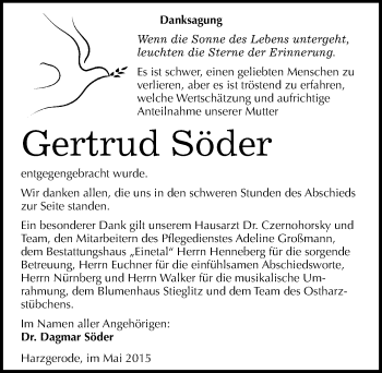 Traueranzeige von Gertrud Söder von Mitteldeutsche Zeitung Quedlinburg
