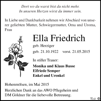 Traueranzeige von Ella Friedrich von WVG - Wochenspiegel NMB / WSF / ZTZ