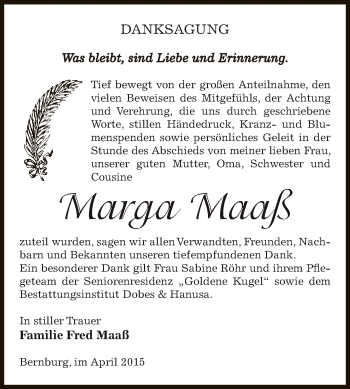 Traueranzeige von Marga Maaß von Super Sonntag Bernburg
