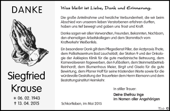 Traueranzeige von Siegfried Krause von WVG - Wochenspiegel NMB / WSF / ZTZ