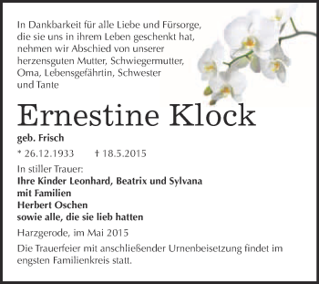 Traueranzeige von Ernestine Klöck von WVG - Wochenspiegel Quedlinburg