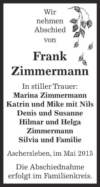 Traueranzeige von Frank Zimmermann von Super Sonntag Aschersleben
