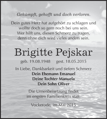 Traueranzeige von Brigitte Pejskar von Super Sonntag Wittenberg