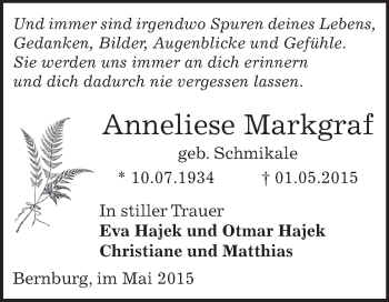 Traueranzeige von Anneliese Markgraf von Super Sonntag Bernburg