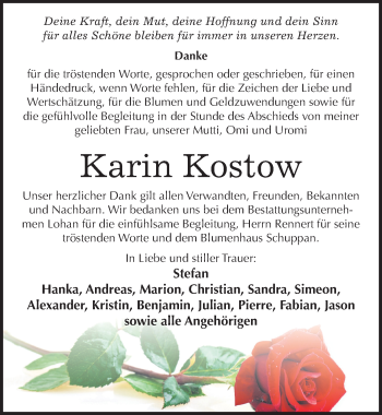 Traueranzeige von Karin Kostow von Mitteldeutsche Zeitung Bitterfeld