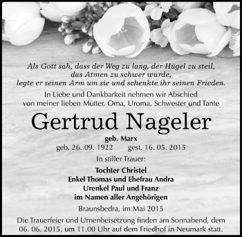 Traueranzeige von Gertrud Nageler von Mitteldeutsche Zeitung Merseburg/Querfurt