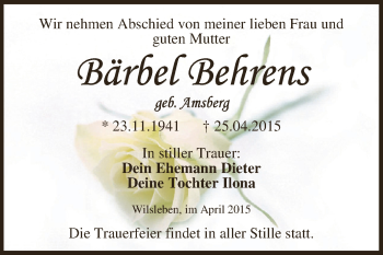 Traueranzeige von Bärbel Behrens von Super Sonntag Aschersleben
