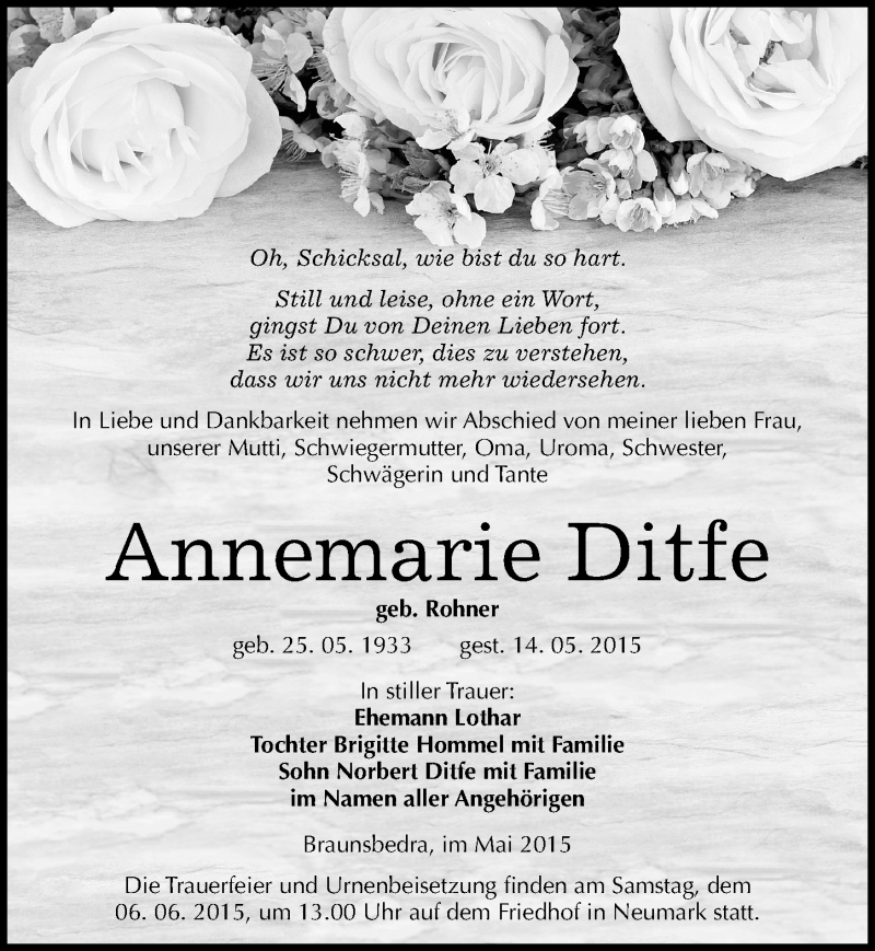  Traueranzeige für Annemarie Ditfe vom 23.05.2015 aus Mitteldeutsche Zeitung Merseburg/Querfurt