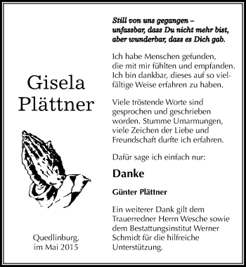 Traueranzeige von Gisela Plättner von Mitteldeutsche Zeitung Quedlinburg