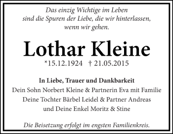 Traueranzeige von Lothar Kleine von WVG - Wochenspiegel Dessau / Köthen