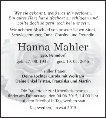 Traueranzeige von Hanna Mahler von WVG - Wochenspiegel NMB / WSF / ZTZ