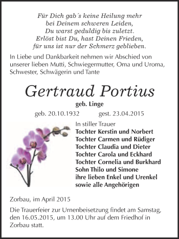 Traueranzeige von Gertraud Portius von WVG - Wochenspiegel NMB / WSF / ZTZ