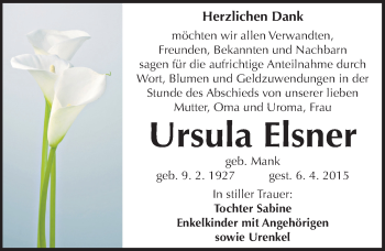 Traueranzeige von Ursula Elsner von Mitteldeutsche Zeitung Weißenfels