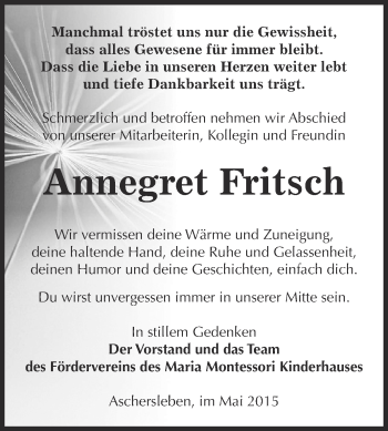 Traueranzeige von Annegret Fritsch von Super Sonntag Aschersleben