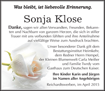 Traueranzeige von Sonja Klose von Mitteldeutsche Zeitung Weißenfels