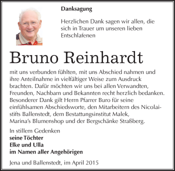 Traueranzeige von Bruno Reinhardt von Mitteldeutsche Zeitung Quedlinburg