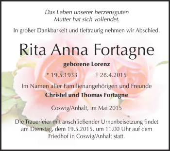 Traueranzeige von Rita Anna Fortagne von Super Sonntag Wittenberg