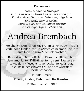 Traueranzeige von Andrea Brembach von Mitteldeutsche Zeitung Naumburg/Nebra