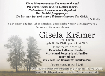 Traueranzeige von Gisela Krämer von Super Sonntag Aschersleben