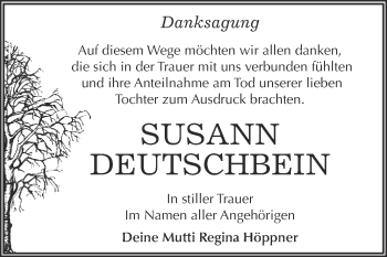 Traueranzeige von Susann Deutschbein von WVG - Wochenspiegel Dessau / Köthen