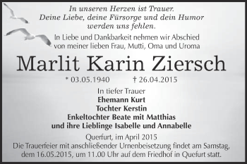 Traueranzeige von Marlit Karin Ziersch von WVG - Wochenspiegel Merseburg