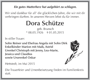 Traueranzeige von Dora Schütze von Wochenspiegel Mansfelder Land