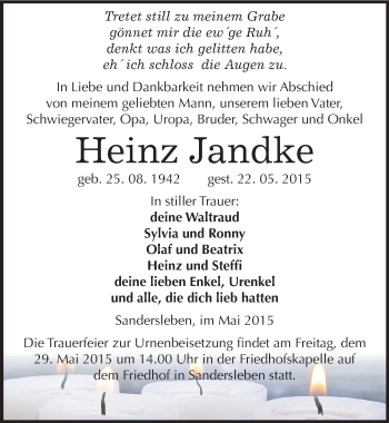 Traueranzeige von Heinz Jandke von Mitteldeutsche Zeitung Mansfelder Land