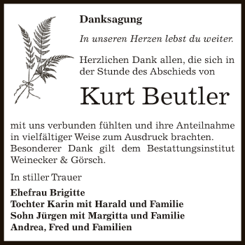 Traueranzeige von Kurt Beutler von Super Sonntag Bernburg