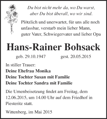 Traueranzeige von Hans-Rainer Bohsack von Super Sonntag Wittenberg