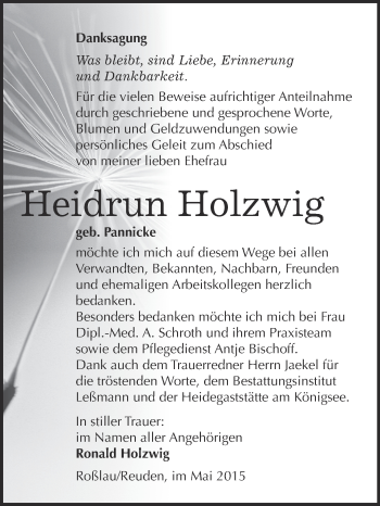 Traueranzeige von Heidrun Holzwig von WVG - Wochenspiegel Wittenberg