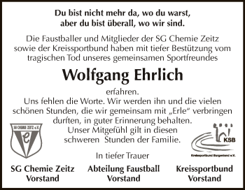 Traueranzeige von Wolfgang Ehrlich von Super Sonntag Zeitz