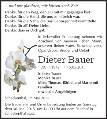 Traueranzeige von Dieter Bauer von Super Sonntag Aschersleben