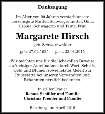 Traueranzeige von Margarete Hirsch von Mitteldeutsche Zeitung Bernburg