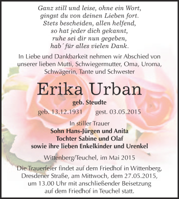 Traueranzeige von Erika Urban von WVG - Wochenspiegel Wittenberg