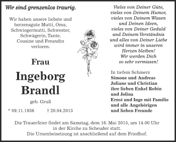 Traueranzeige von Ingeborg Brandl von WVG - Wochenspiegel Dessau / Köthen