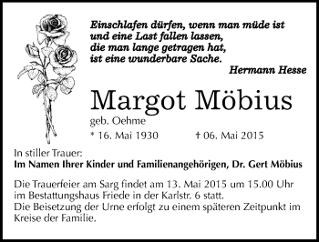 Traueranzeige von Margot Möbius von Mitteldeutsche Zeitung Dessau-Roßlau