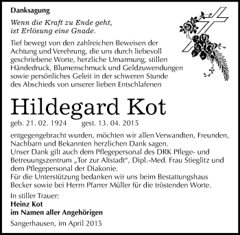 Traueranzeige von Hildegard Kot von Mitteldeutsche Zeitung Sangerhausen
