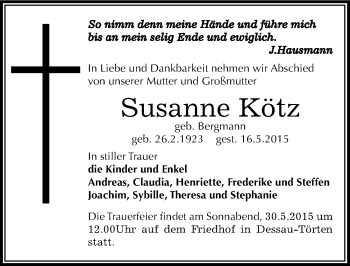 Traueranzeige von Susanne Kötz von Mitteldeutsche Zeitung Dessau-Roßlau