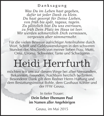 Traueranzeige von Heidi Herrfurth von Super Sonntag Merseburg
