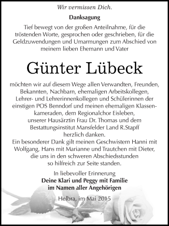 Traueranzeige von Günter Lübeck von Wochenspiegel Mansfelder Land