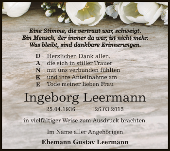 Traueranzeige von Ingeborg Leermann von WVG - Wochenspiegel Dessau / Köthen