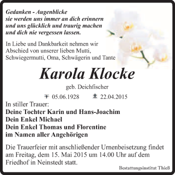 Traueranzeige von Karola Klocke von Super Sonntag Quedlinburg