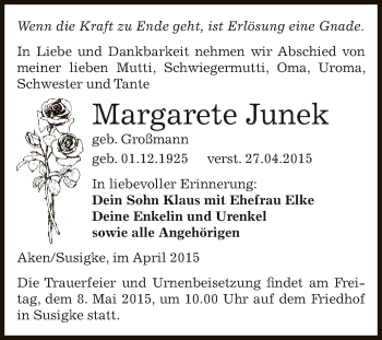 Traueranzeige von Margarete Junek von WVG - Wochenspiegel Dessau / Köthen