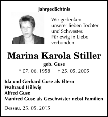 Traueranzeige von Marina Karola Stiller von Mitteldeutsche Zeitung Dessau-Roßlau